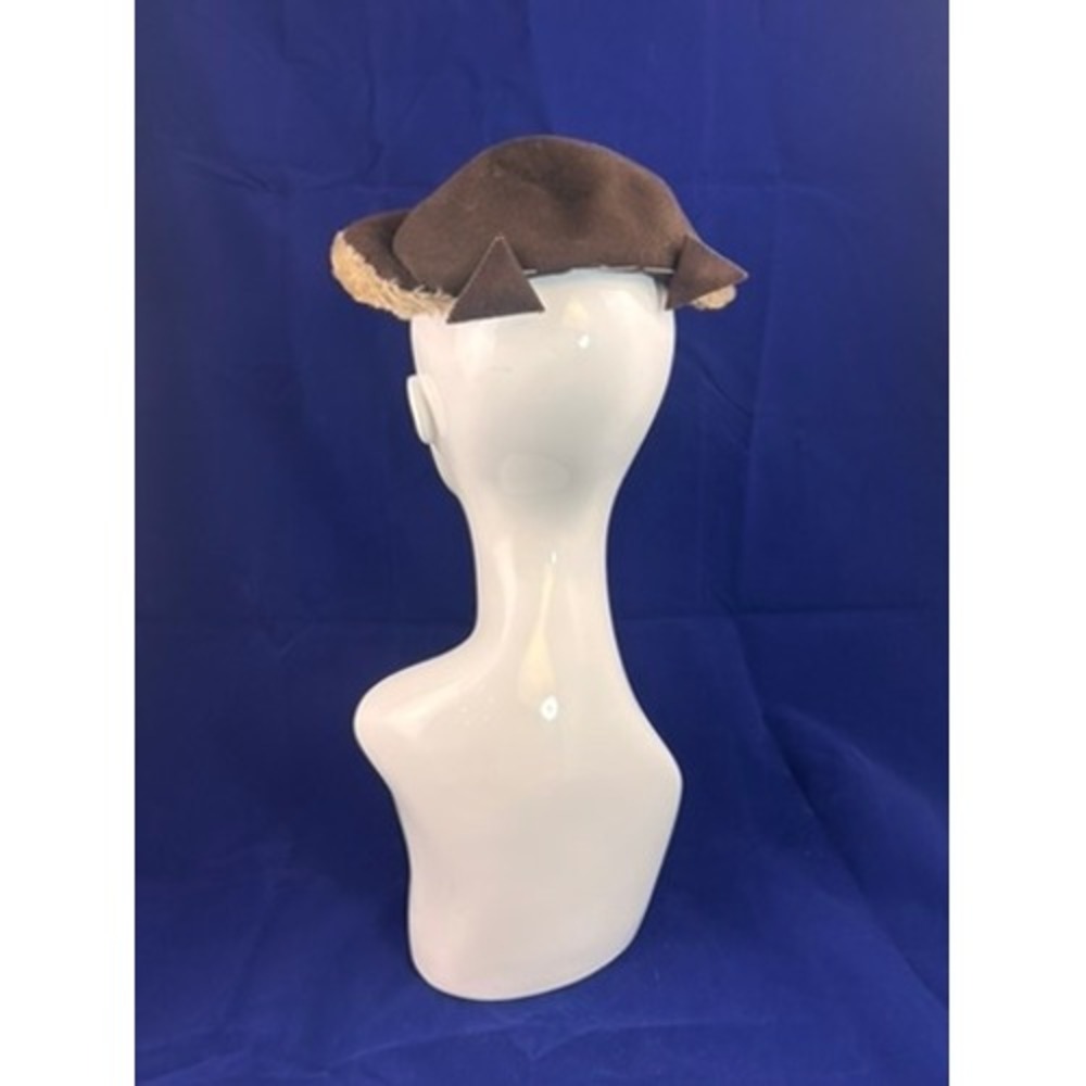 Vintage 1940s Brown Felt Hat Fur Trim Tilt Cap Women's Winter Hat - Picture 3 of 10